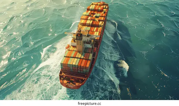 Large container ship sails through rough seas