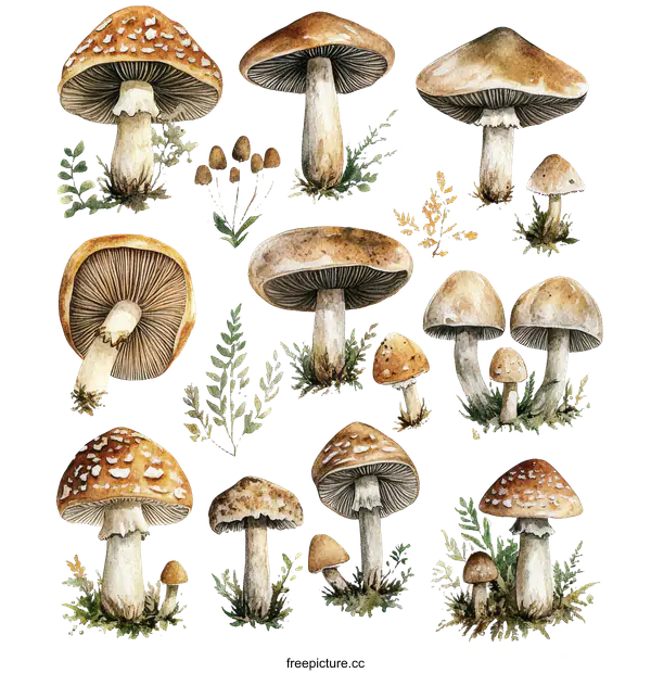 [Transparent Background PNG]Watercolor Illustration of Various Mushrooms