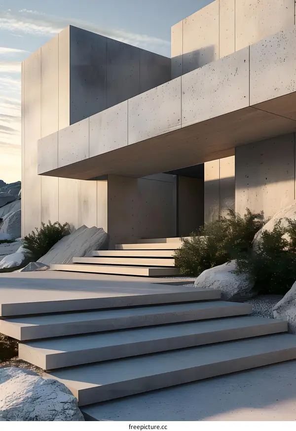 Minimalist Concrete House with Stairs and Landscaping