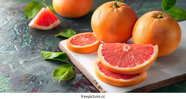 Fresh Ripe Grapefruit Slices on Wooden Cutting Board