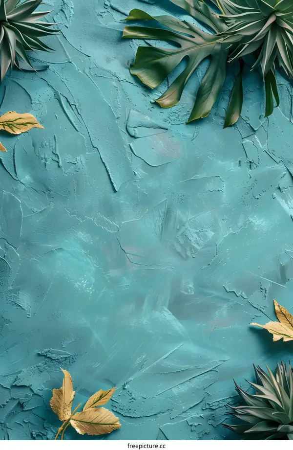 Green Leaves on Blue Textured Background