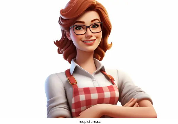 A woman with red hair and glasses wearing an apron is smiling.