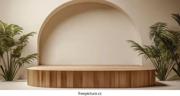 Empty Wooden Display Podium with Plants