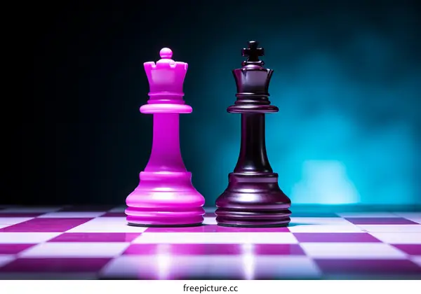 A pink queen chess piece and a black king chess piece on a chessboard with a dark blue background