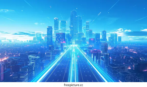 Blue Cityscape with Futuristic Road