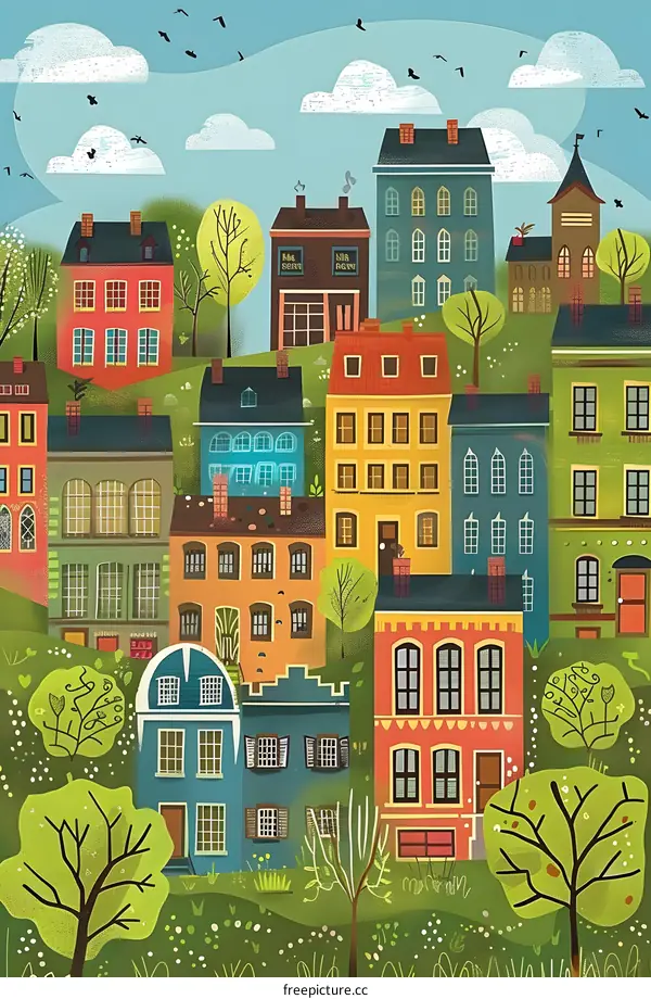 Colorful Illustration of a Village with Houses and Trees