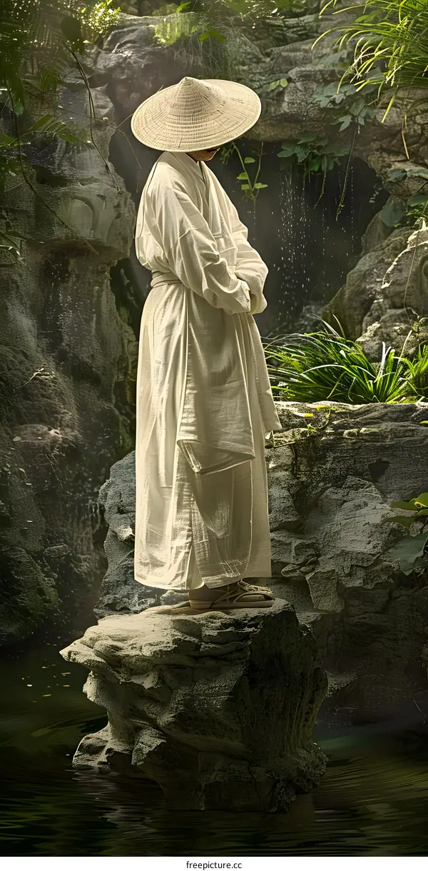 Man in White Robe Standing on a Rock in a Forest Setting