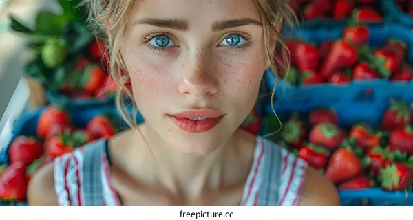 portrait of a young woman with freckles and blue eyes standing in front of a crate of strawberries