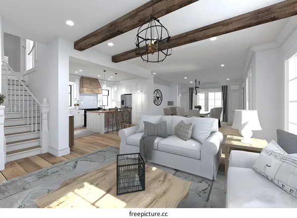 Modern Farmhouse Living Room Design with White Walls and Wooden Beams