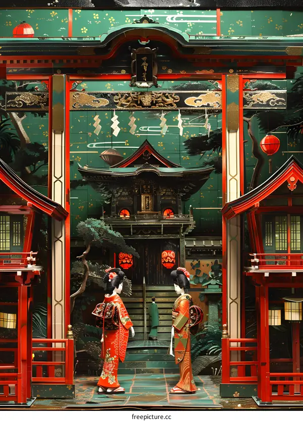 Two Japanese women in traditional kimono standing in a temple