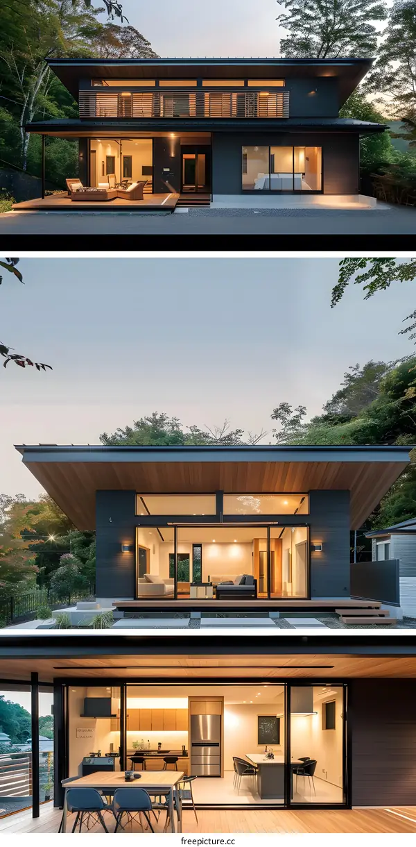 Modern Japanese House with Large Windows and Wooden Deck