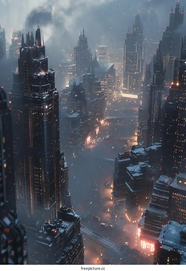 A dark and snowy cityscape with a river running through it.