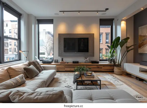 A stylish living room with a large TV and comfortable seating