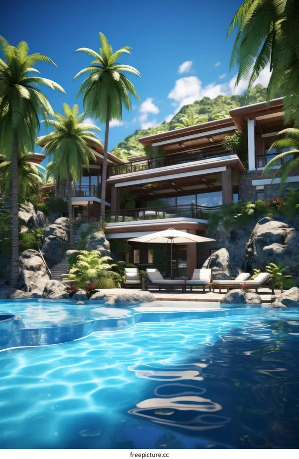 A stunning tropical villa with a pool and palm trees