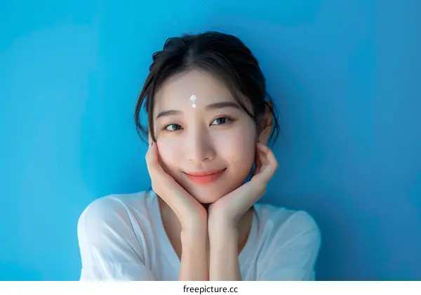 Portrait of a Young Asian Woman with a White Forehead Decoration Against a Blue Background