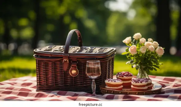 Still life of a picnic basket and flowers