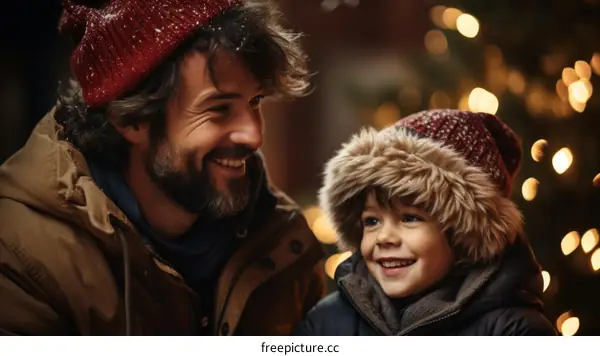 Father and son enjoying Christmas lights