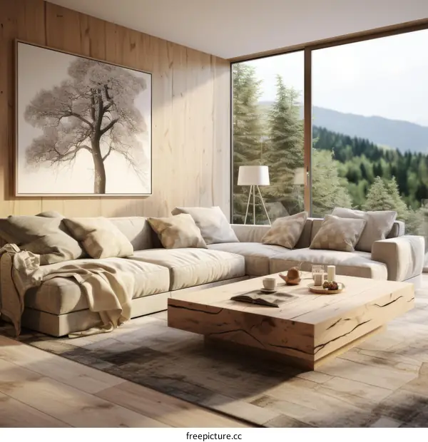 Modern living room interior design with large windows and wooden walls