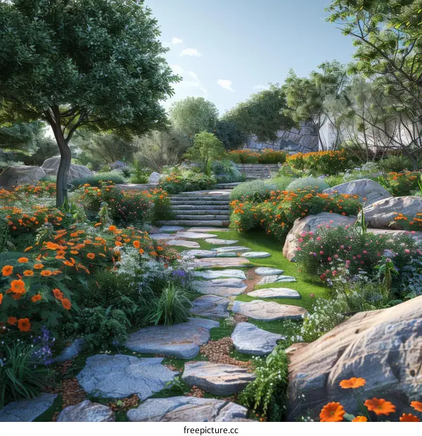 Stone Path Through Lush Garden