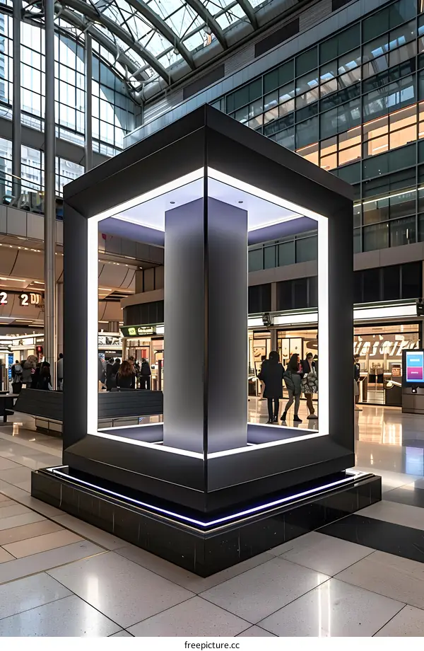 Modern Black Cube Installation with White Lights in a Large Mall
