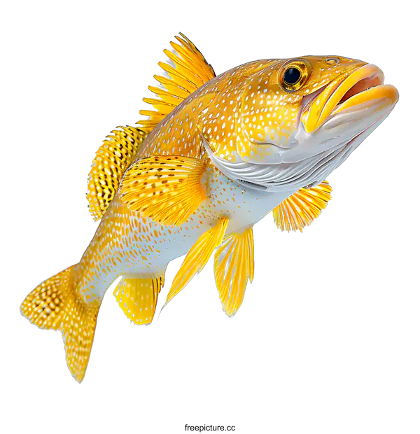 [Transparent Background PNG]A yellow fish with a white belly and black eyes is facing the viewer with its mouth open.
