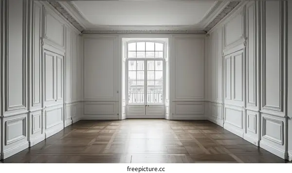 ornate empty room with parquet floor and large windows
