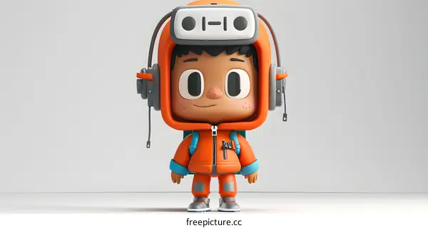 Cute Cartoon Character with Headphones and Backpack