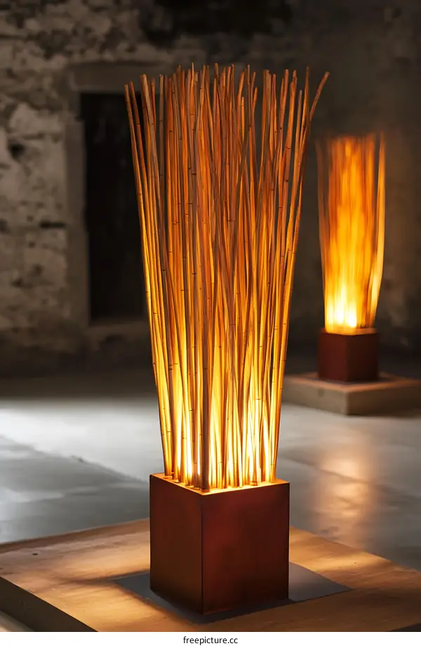 Modern Wooden Stick Floor Lamp In Rustic Interior