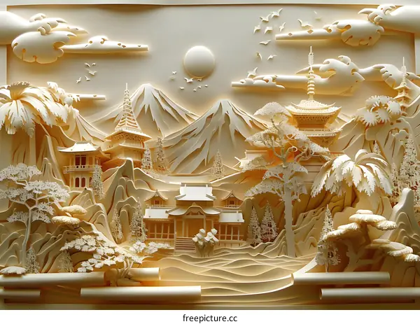 Paper Art Landscape with Japanese Temples and Mountains