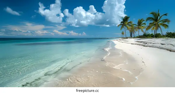 Palm trees on a beach with white sand and blue water