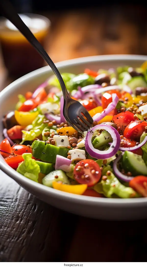 Salad with tomatoes, cucumbers, peppers, onions, and feta cheese