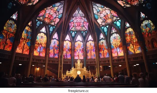 Stained glass windows of a church with people praying