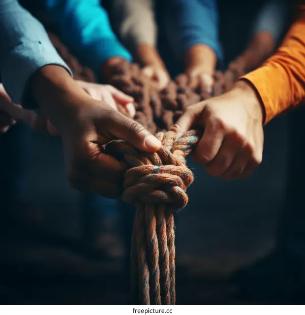 Multiracial group of people holding a rope together