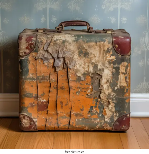 weathered suitcase with peeling paint