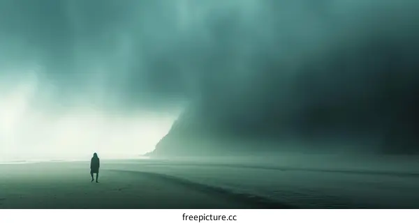 Solitary Figure Stands on Beach with Storm Approaching