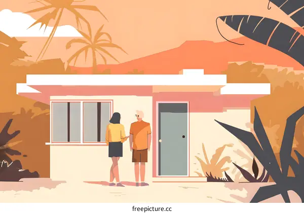 Couple Standing in Front of Their Modern Home with Tropical Palm Trees