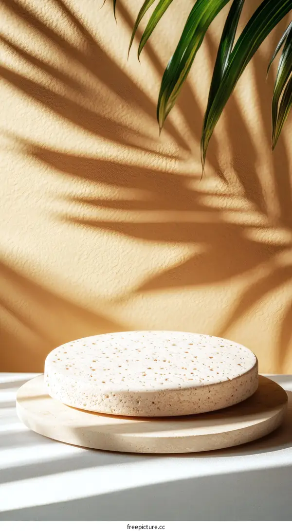 Beige Display Stand with Palm Leaf Shadow