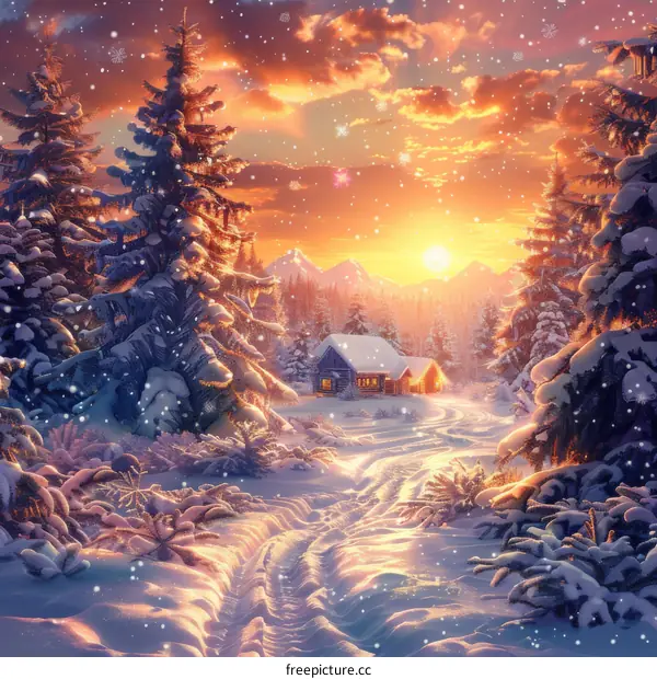 Snowy Cabin in the Winter Forest