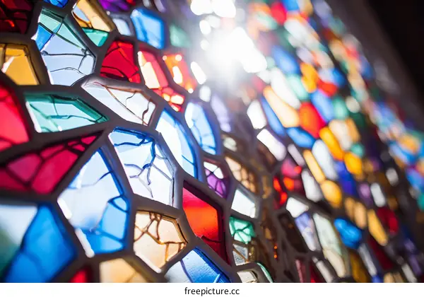 Sunlight shining through stained glass window