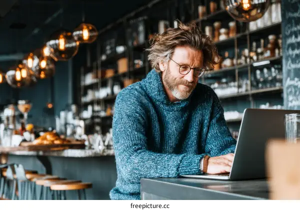 Mature Caucasian Man Working on Laptop in Cafe