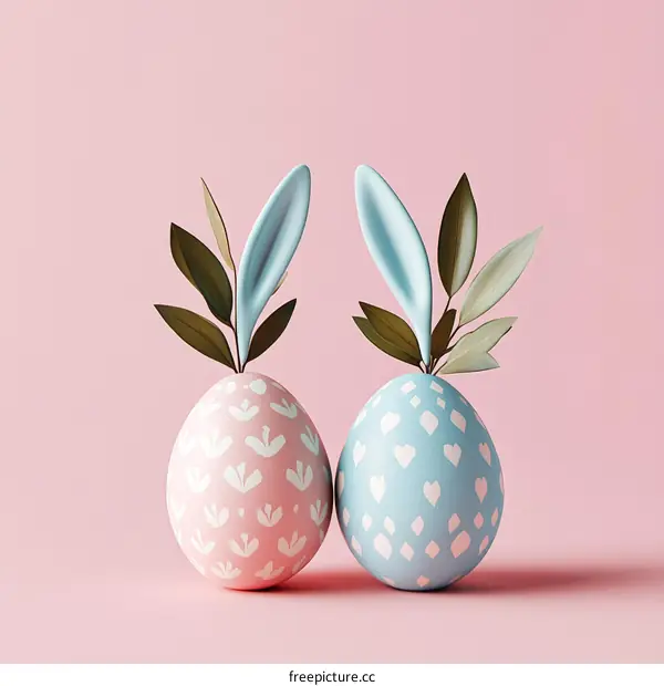 Easter Eggs with Bunny Ears and Leaves