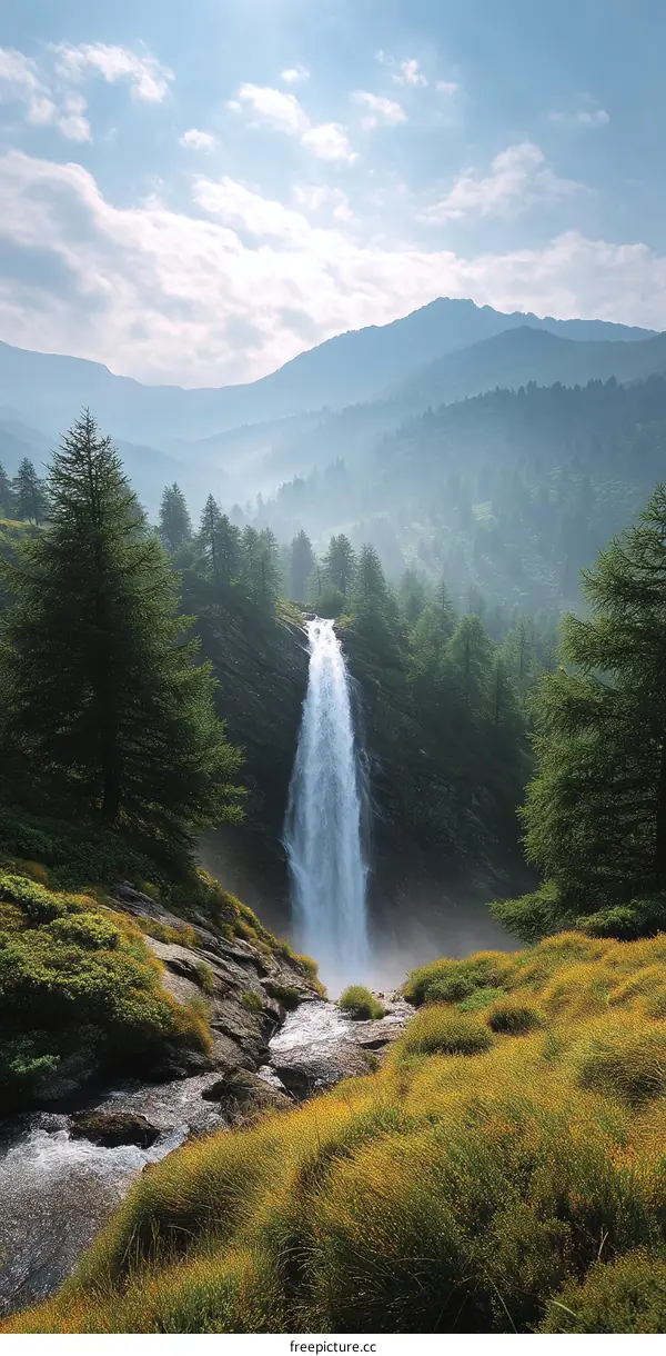 Majestic Waterfall in Mountainous Landscape