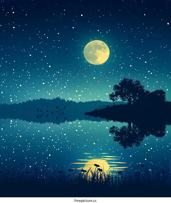 Silhouette of Tree and Moon Reflected in Water