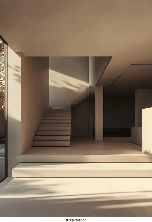 Minimalist Staircase Design with Sunlight Streaming Through Window