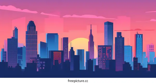 Cityscape Silhouette Illustration with Sunset