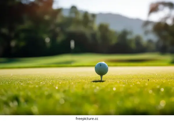 A golf ball sits on a tee on a golf course
