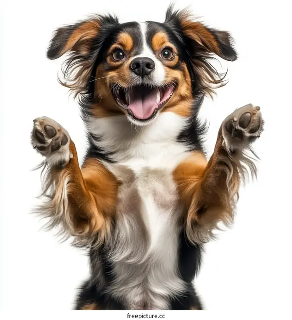 Happy Dog Raising Paws on White Background
