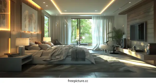 Bedroom Interior with Bay Window and Green Plants
