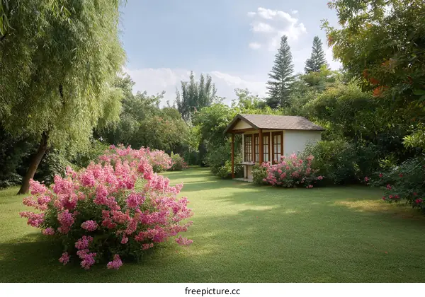 Peaceful Garden Scene with Small Cottage