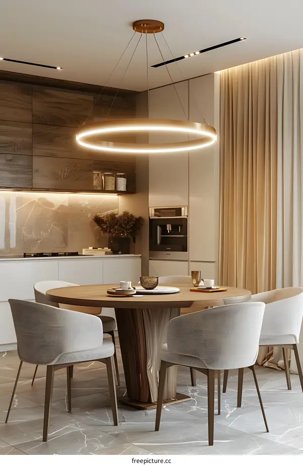 Elegant modern kitchen interior design with round table and chairs